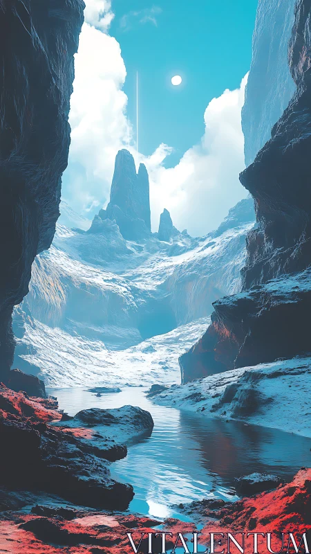 Digital painting of alien glacial canyon with luminous spire.