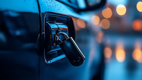Car door closeup with key fob in lock at dusk.