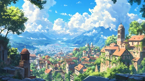 Sunlit hillside town overlooking bright alpine lake panorama.