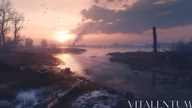 Photorealistic industrial marshland sunset with leading channel.