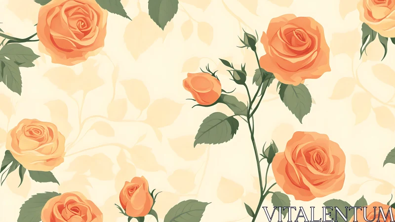 Coral and cream roses with green foliage on pale background.