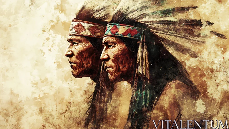 Twin warrior portraits in textured sepia tribal headdress painting.