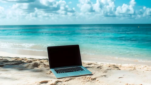 Laptop daydreams beside turquoise waves and sunlit shoreline