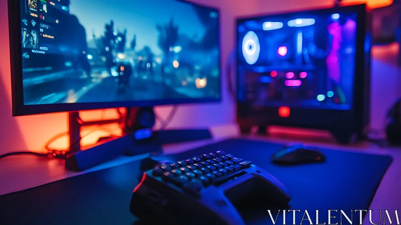 RGB-lit gaming workstation with mechanical keypad and desktop.