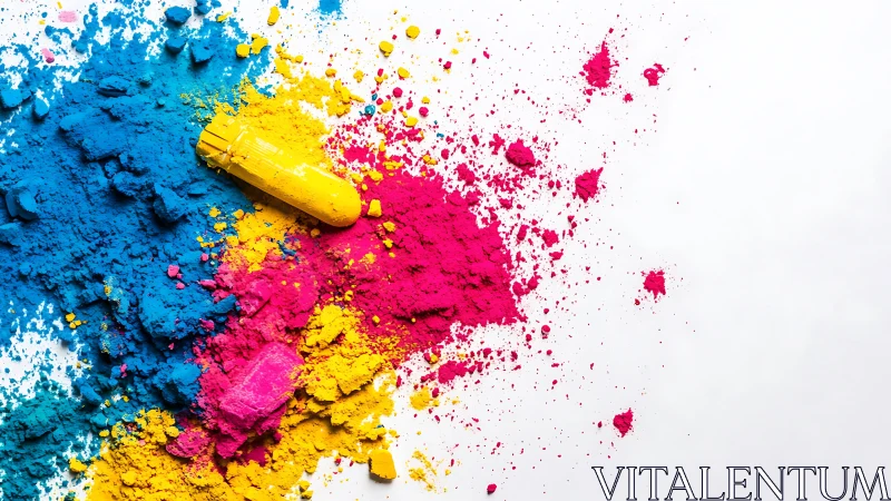 Color powder explosion spreads cyan, magenta, yellow pigment