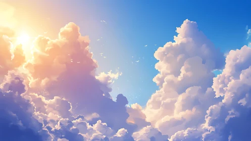 Volumetric cumulus cloudscape under warm spectral sunrise.