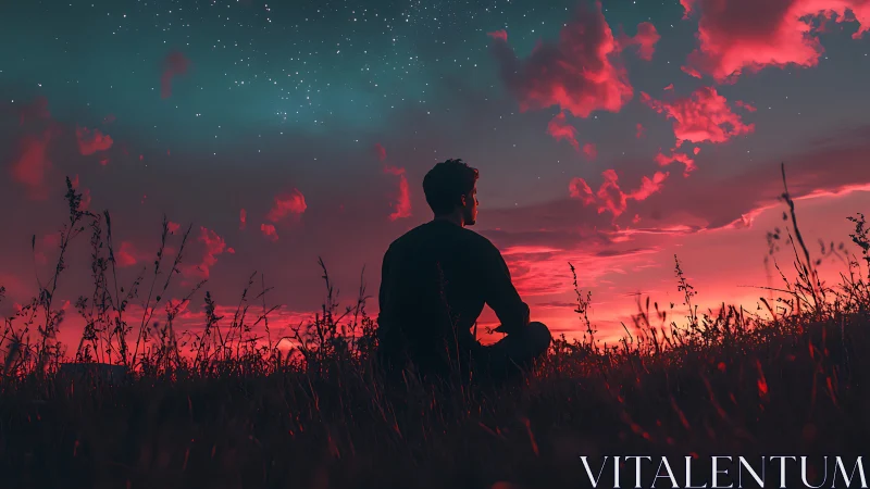 Silhouette of seated person under red clouds at dusk.