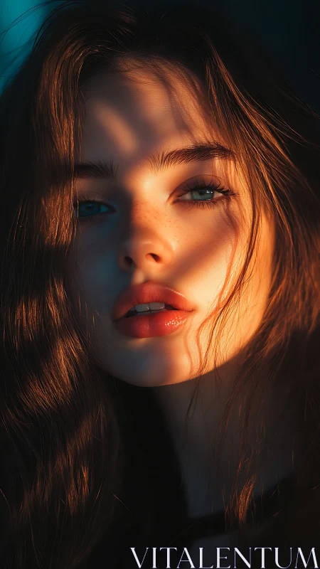 Sunlit gaze melting through shadows and copper-burnished hair.