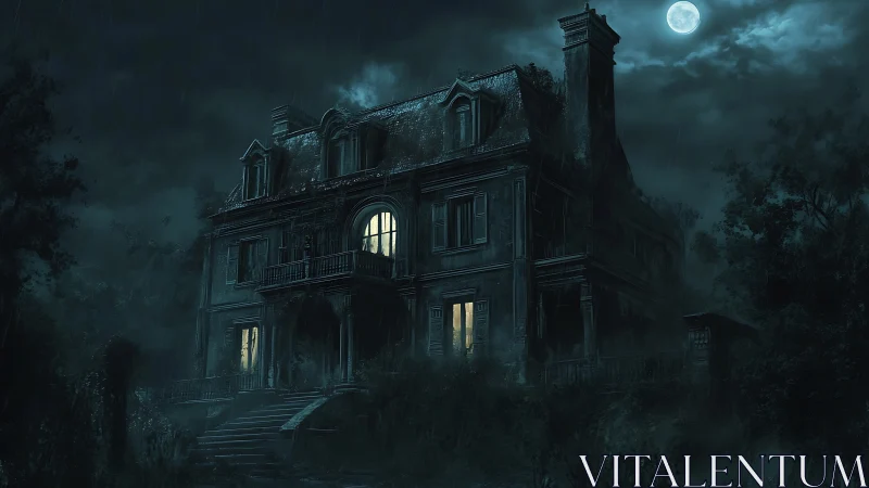 Moonlit gothic mansion under stormy night sky panorama.