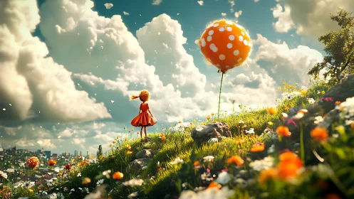 Girl stands on bright hillside facing large spotted balloon