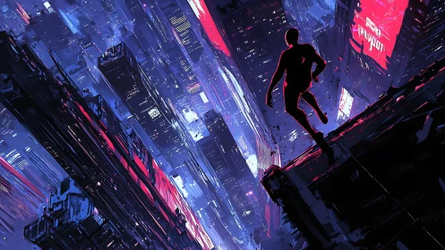 Neon city rooftop runner poised above luminous night streets.
