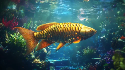 Golden fish swims through colorful coral reef scene.