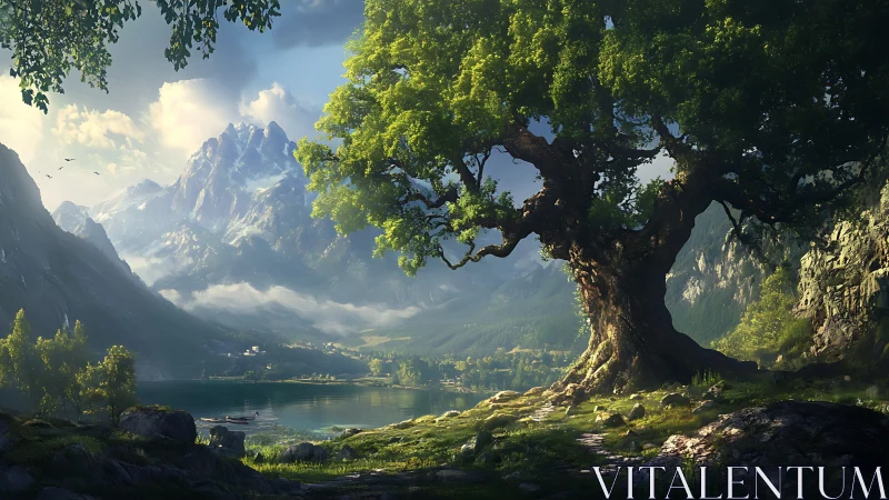 Sunlit ancient tree welcomes a tranquil mountain valley lake
