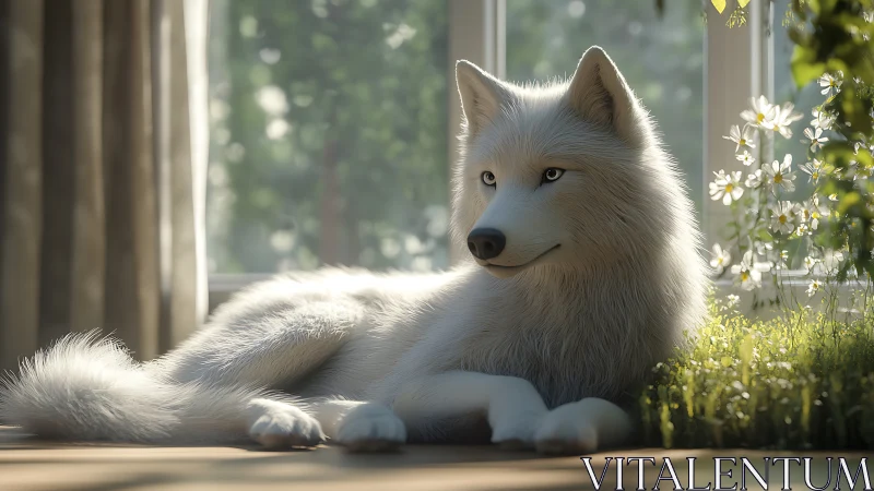 Photorealistic white wolf in sunlit interior garden setting.