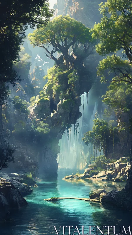 Vertical fantasy canyon with luminous turquoise river and carved arch