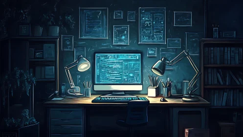 Moody coder workspace with glowing monitor and blue light.