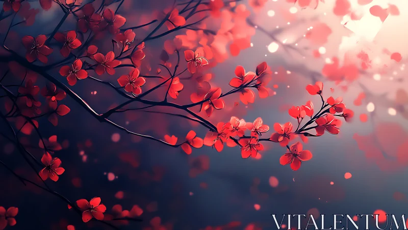 Red flowering branches with bokeh light particles against gradient background.