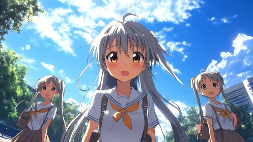 Sunlit schoolgirls walk together under a bright blue sky