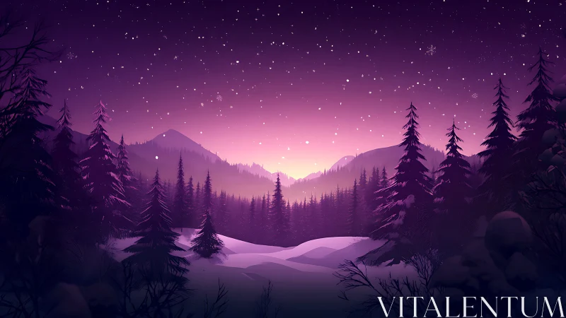 Alpine Dusk: Luminescent Mountain Landscape with Silhouetted Conifer Forest.