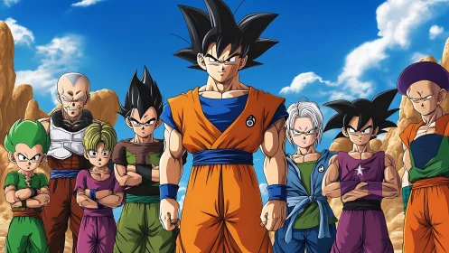 Anime warriors stand united under vivid desert sky.