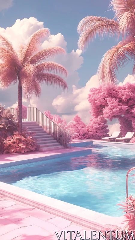 Dreamy pink palm poolscape under cotton candy clouds.