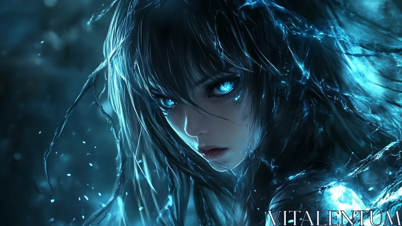 Blue eyed ethereal girl framed in glowing ice strands.