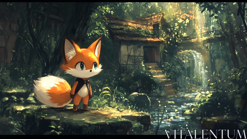Anthropomorphic fox explorer in sunlit overgrown forest ruin