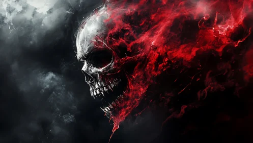 Flaming red skull emerging from dark swirling smoke.