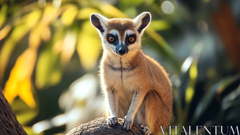 Small lemur on tree branch in bright forest light.