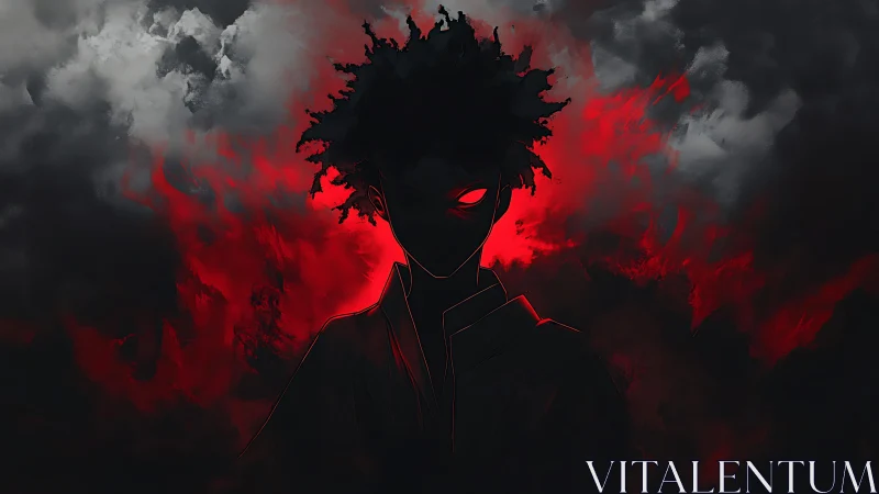 Shadowed vector silhouette amid radial red atmospheric flare.