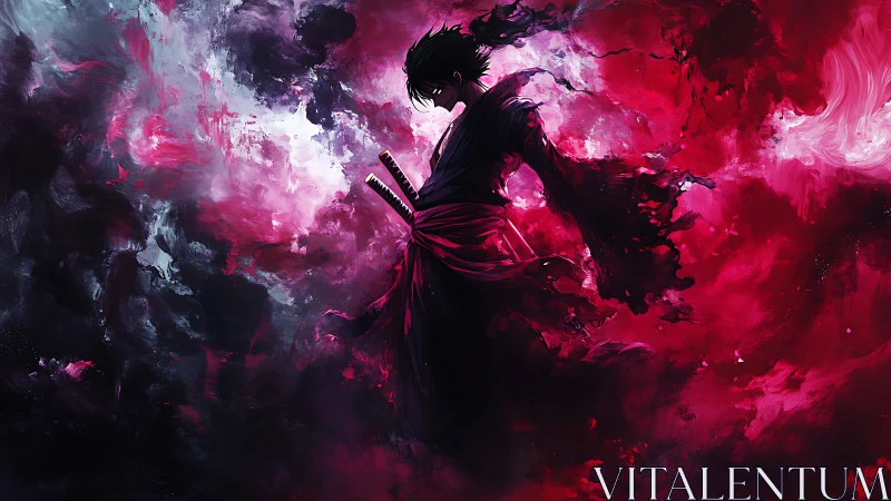 Samurai silhouette within swirling crimson nebula clouds.