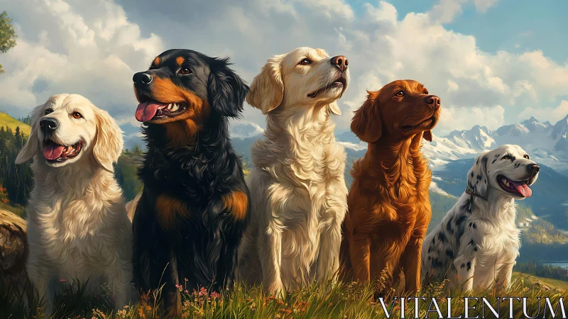 Mountain dog choir gazes skyward in sunlit alpine meadow.