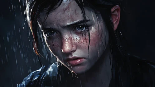 Brooding young survivor stands under rain in harsh light.