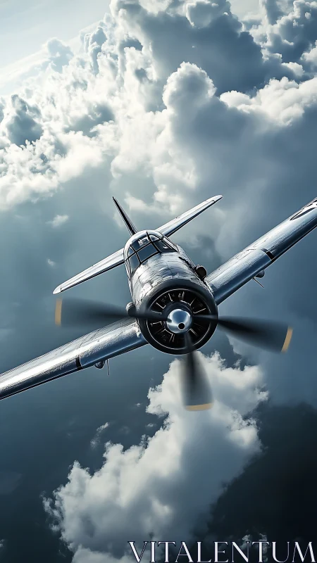 Silver stormrider prop plane knifes through sculpted clouds.