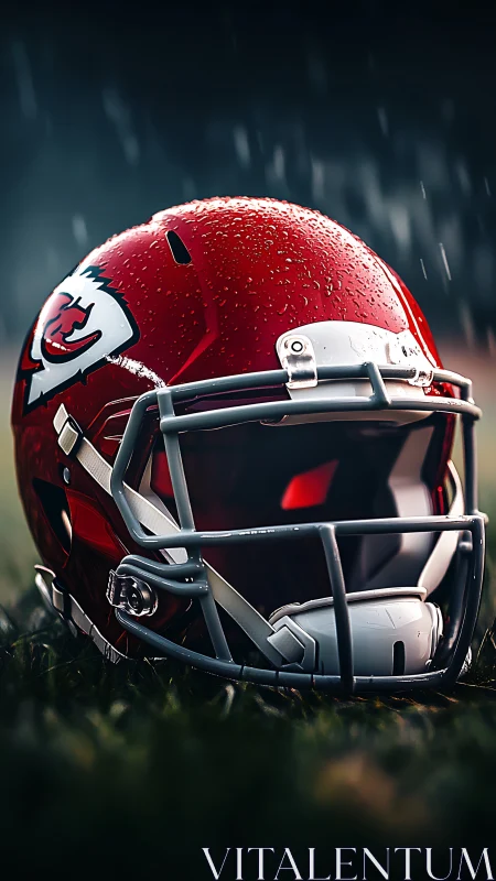 Red football helmet on wet grass under falling rain.