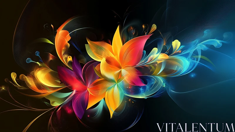 Colorful abstract floral light forms radiate on dark background