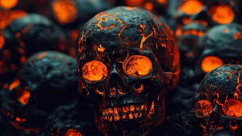 Molten skull cluster glows through cracked obsidian shells.