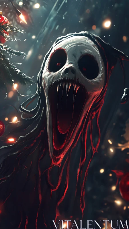 Skeletal hooded wraith figure beside lit holiday tree.