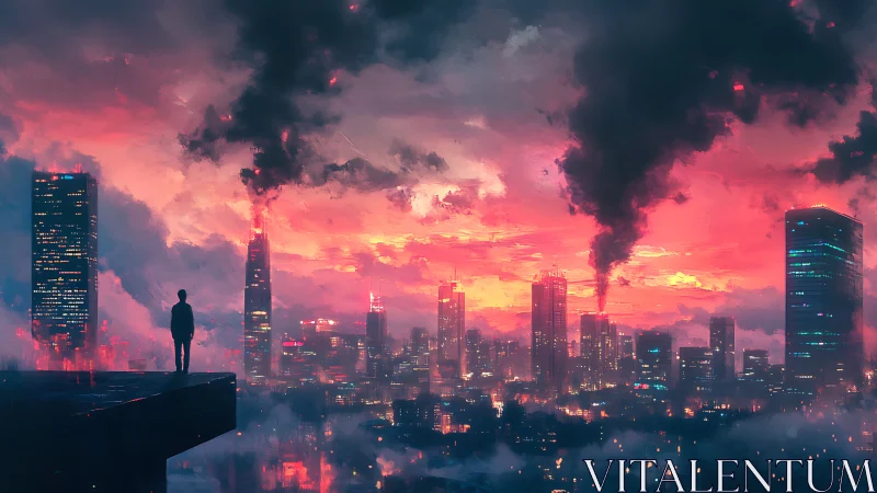 Lone rooftop watcher drinks in a burning neon horizon