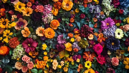 Dense Floral Wall: Vibrant Multicolored Garden Arrangement.