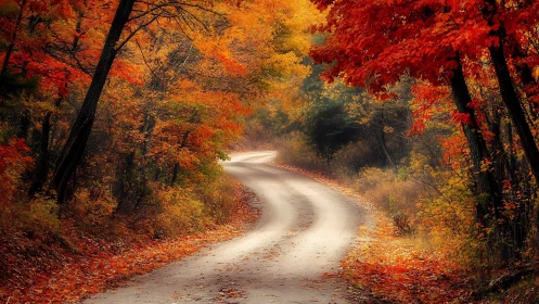 Curving autumn road drifts through a glowing forest ember dream.