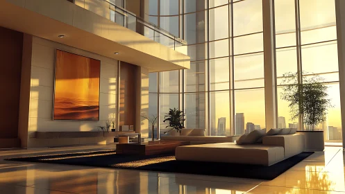 Modern high rise lounge with sunset city skyline view.