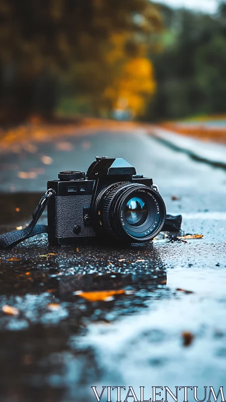 Vintage camera on wet autumn road in rich bokeh focus.
