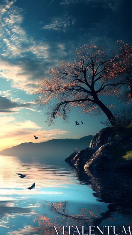 Tree, shoreline rocks and birds reflect on calm lake water