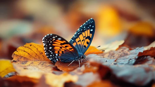 Macro autumn butterfly study on layered fallen foliage.