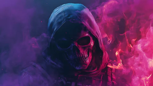 Hooded skeletal figure emerges from dense neon smoke