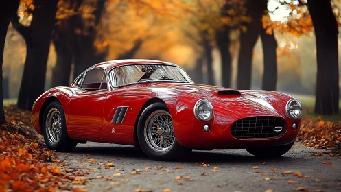 Classic red sports car glowing on a peaceful autumn road.
