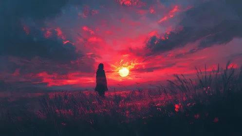 Soft silhouette wandering through a blazing pink sunset field.