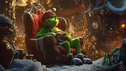 3D holiday creature portrait in ornate cozy interior setting.