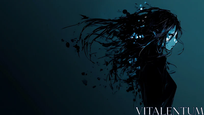 Side-profile anime figure dissolving into blue ink fragments